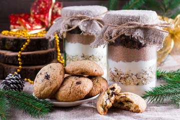 Chocolate chips cookie mix in glass jar