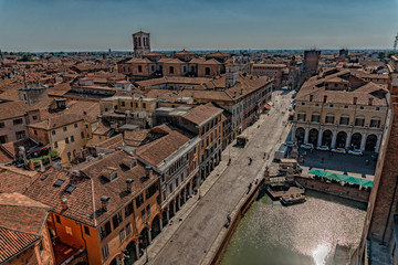 Ferrara Medieval town aerial view from castle tower