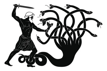 Hercules kills the Lyrna Hydra. 12 exploits of Hercules. Figure isolated on white background. - obrazy, fototapety, plakaty