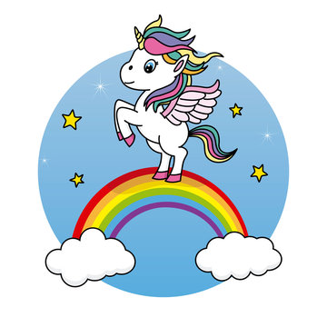 cute unicorn jumping on top of a rainbow