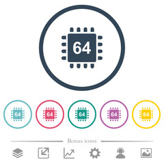 Microprocessor 64 bit architecture flat color icons in round outlines