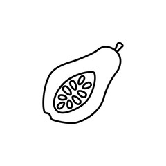Black & white vector illustration of cut papaya with seeds. Line icon of fresh tropic fruit. Vegan & vegetarian food. Health eating ingredient. Isolated object