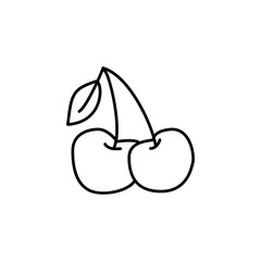 Black & white vector illustration of cherry with leaf. Line icon of fresh berry. Vegan & vegetarian food. Health eating fruit; ingredient. Isolated object