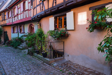 Fototapeta na wymiar Schmale Gasse in Eguisheim im Elsass/Frankreich