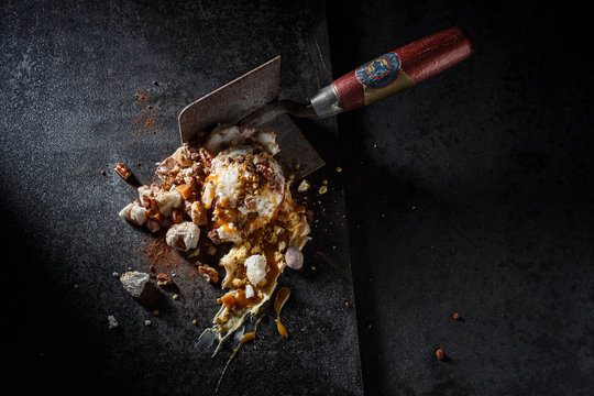 Ice cream sundae served on a trowel