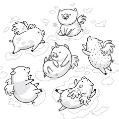 Set of ink flying pigs in the clouds. Cartoon characters. Ideal for coloring