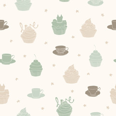 Vector illustration. Cups and cakes seamless pattern. Paper background. Fabric print.