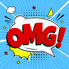 Comic lettering OMG! in the speech bubble comic style flat design. Dynamic retro vintage pop art illustration isolated on blue rays background. Exclamation OH MY GOD!