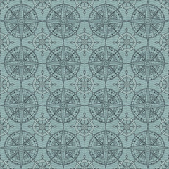 Vector seamless background on the theme of nautical travel, adventure and discovery. Wind roses and steering wheels in retro style on blue background with waves