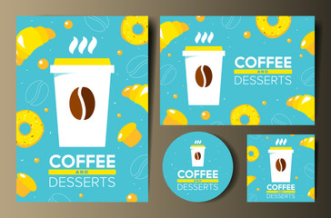 Set of coffee design templates with graphic elements and blue background