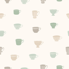Vector illustration. Tea cups seamless pattern. Paper background. Fabric print.