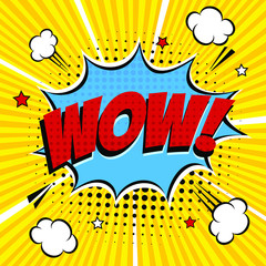Obraz premium Comic lettering WOW! in the speech bubble comics style flat design. Dynamic vintage retro pop art illustration isolated on yellow rays background. Exclamation WOW!