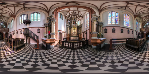 full seamless spherical panorama 360 by 180 degrees angle view interior gothic catholic church of...