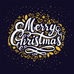Christmas Eve greeting card inscription. Illustration with Merry Christmas inscription, hand lettering and decoration gold elements on dark night background.