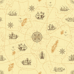 Fototapeta na wymiar Vector abstract seamless background on the theme of travel, adventure and discovery. Old hand drawn map with vintage sailing yachts, wind rose, routes and nautical symbols
