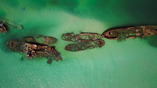 Aerial view of Moreton island shipwrecks in Australia.