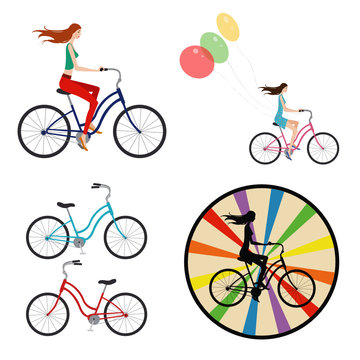 Young girl riding a bicycle .Set of four illustrations