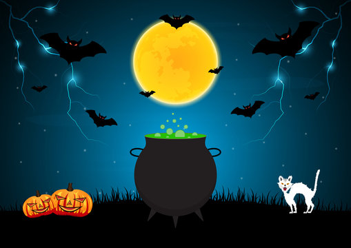 Halloween witch cauldron pumpkin cat vector