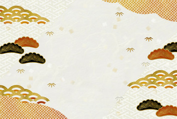 黒松赤松　金の青海波　和紙　和柄　背景素材　ハガキ比率　