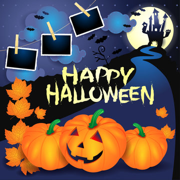 Halloween background with pumpkins, text and photo frames