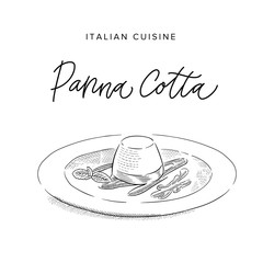 italian sweet dessert wanna cotta on a plate, sketch style vector illustration
