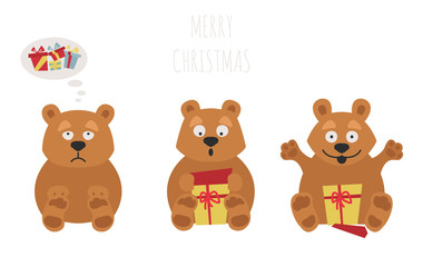 Cute brown bear sticker set. Elements for christmas holiday greeting card, poster design