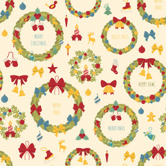 Christmas wreath seamless pattern. Decoration elements set for  holiday greeting card, poster design