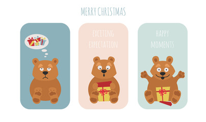Cute brown bear sticker set. Elements for christmas holiday greeting card, poster design