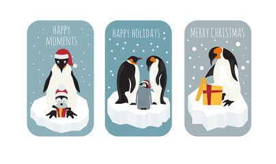 Obraz premium Imperial penguin on the ice floe sticker icon set. Elements for christmas holiday greeting card, poster design
