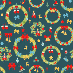 Christmas wreath seamless pattern. Decoration elements set for  holiday greeting card, poster design