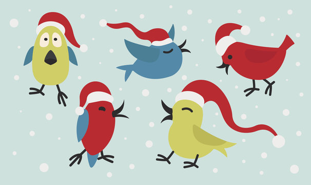 Cute funny santa claus birds sticker icon set. Elements for christmas greeting card, poster design