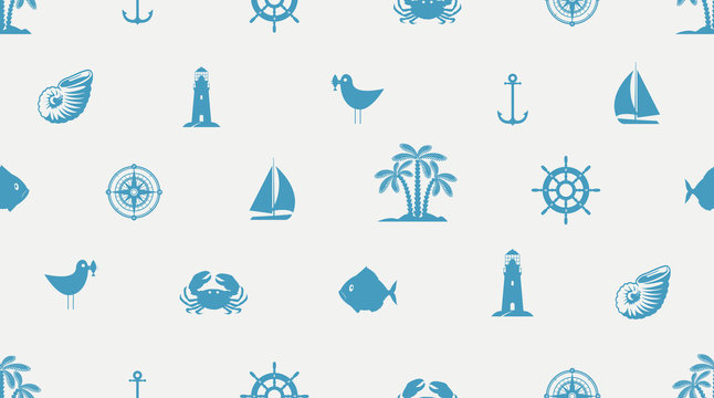 Vector seamless pattern with cute sea objects, anchor, sailboat, lighthouse, crab, fish, seagull, palm, seashell. Blue elements of marine design on white background