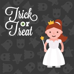 halloween character girl in angel costume on ghost background, flat design