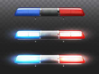 Vector 3d realistic red and blue led flasher for police car. Xenon signal of municipal service. Stages of siren with light and alert lamp. Transparent beacon for emergency isolated on dark background © vectorpocket