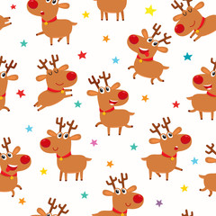 Seamless pattern with cartoon reindeers, vector illustration on white background.