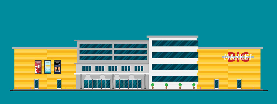 Supermarket building facade flat vector illustration.