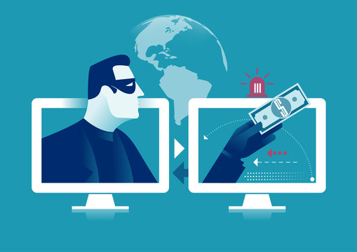 Hacker, money theft. Stealing money over the internet. Concept vector illustration.
