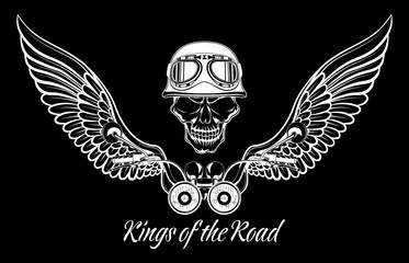White skull in helmet with wings and rudder on black background.