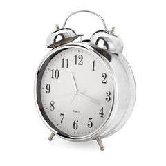 Chrome vintage analog alarm clock on white background, contains clipping path