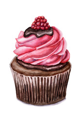 Watercolor chocolate cupcake with cream and raspberries. Cake is isolated on white background. Muffin for poster for cafe and pastry shop
