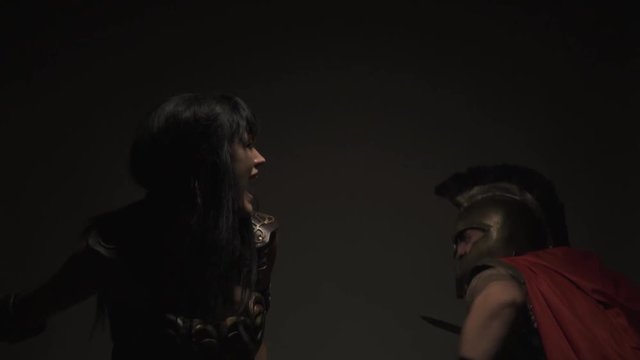 Amazon fights against the Roman legionary, slow motion