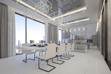 Dining and kitchen room in luxury penthouse room , 3d rendering