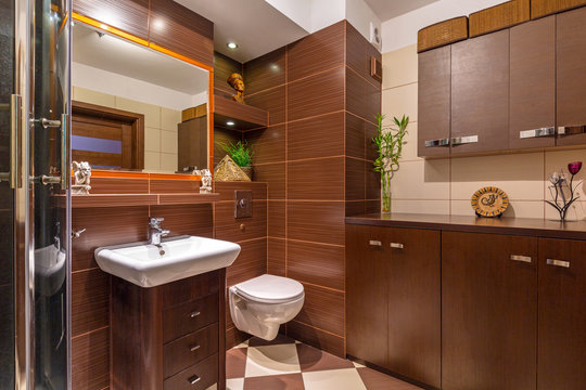 Modern brown bathroom interior