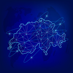 Global logistics network concept. Communications network map Switzerland on the world background. Map of Switzerland  with nodes in polygonal style. Vector illustration EPS10. 