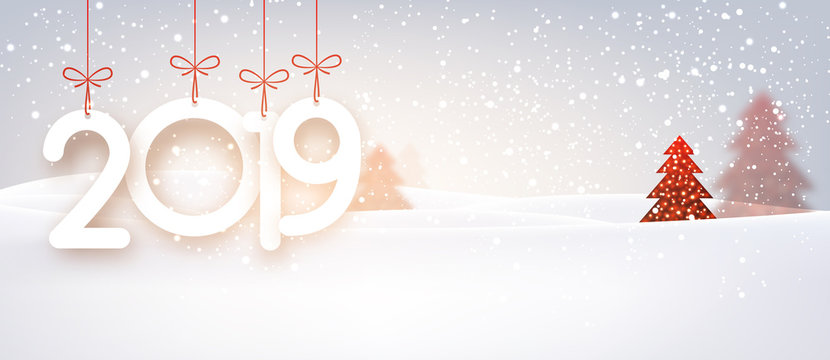 Red 2019 New Year background with winter landscape.