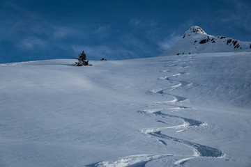 Skifahren im freien Gelände unter blauem Himmel