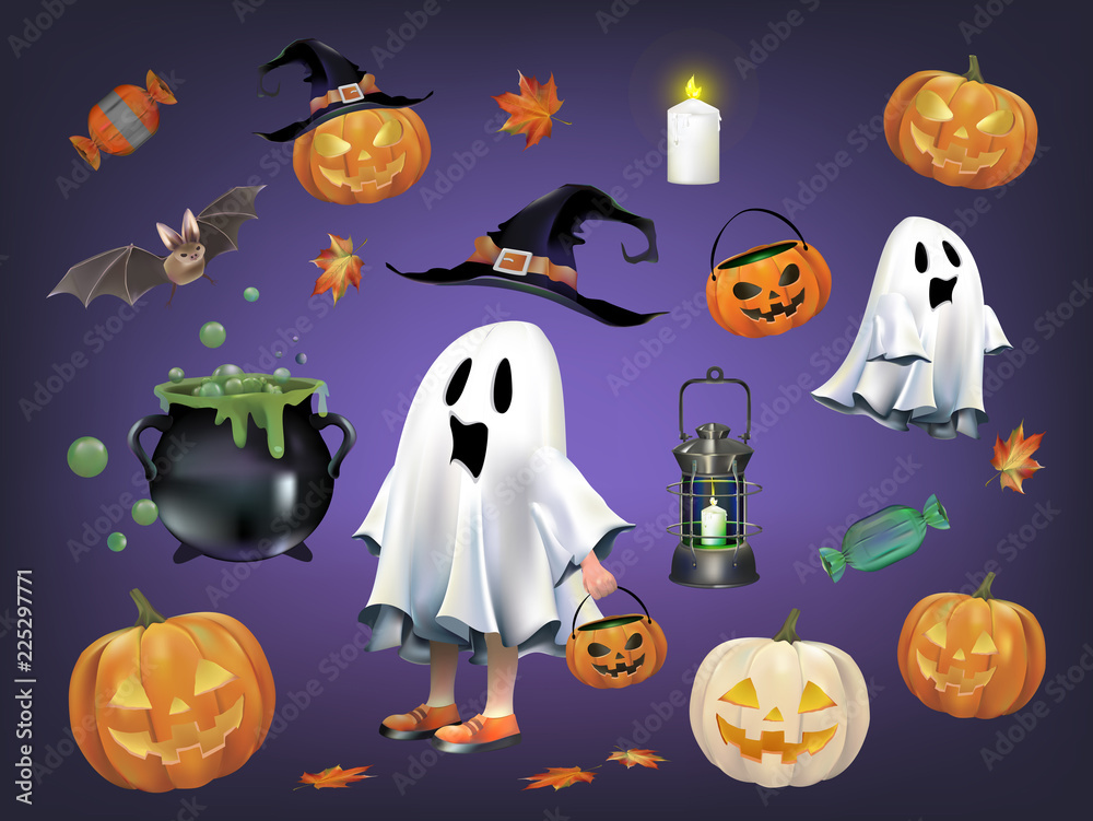 Wall mural Halloween themed pumpkin and ghost vectors