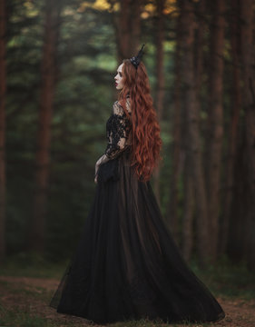 A beautiful gothic princess with pale skin and very long red hair in a black crown and a black long dress walks in a misty fairy-tale autumn forest. The costume of the dark queen. Back view.