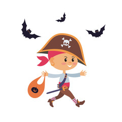 Little kid in a Halloween costume. Vector illustration in cartoon style isolated on white background.