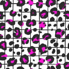 Trendy animal skin, leopard print, black with neon pink color on a abstract hand drawn background. Fashion print, background, surface pattern design.